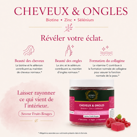 Gummies Cheveux & Ongles ALTHÉA – Biotine, Zinc et Sélénium – Fruits Rouges